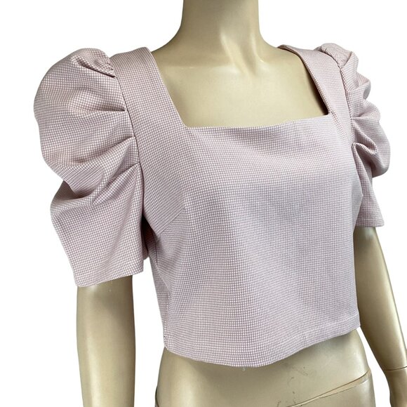 TCEC Crop Top Size Large NWT Puff Sleeve Houndstooth Square Neck Pink - Picture 4 of 6